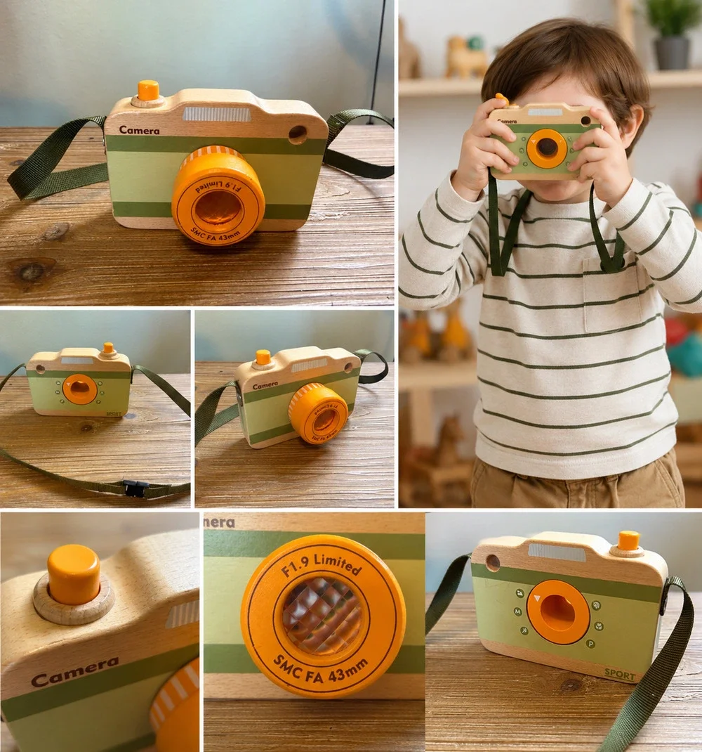 Wooden Toy Camera for Kids – Pretend Play Camera with Strap